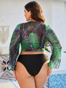 SHEIN Kimono con estampado tropical con nudo delantero - Verde - Ver 2