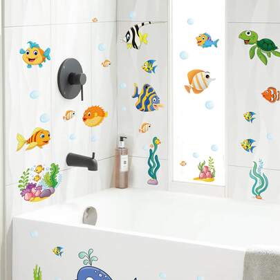2pcs/Set PVC Bathtub Applique, Cartoon Marine Life Pattern Bathtub Sticker For Bathroom,Stickers,Wall Decal, Vinyl Decal For Home Decorations,Spring Decoration Items Refresh Your Home,Rama Decoration Stickers Gifts Birthday Graduation Back To School Room Decor School Supplies