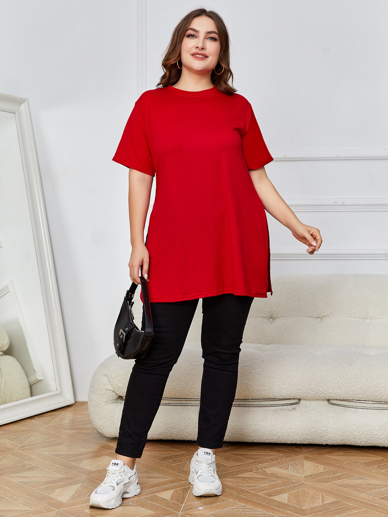 INAWLY تي شيرت موحدة اللون بحافة شق مقاس كبير