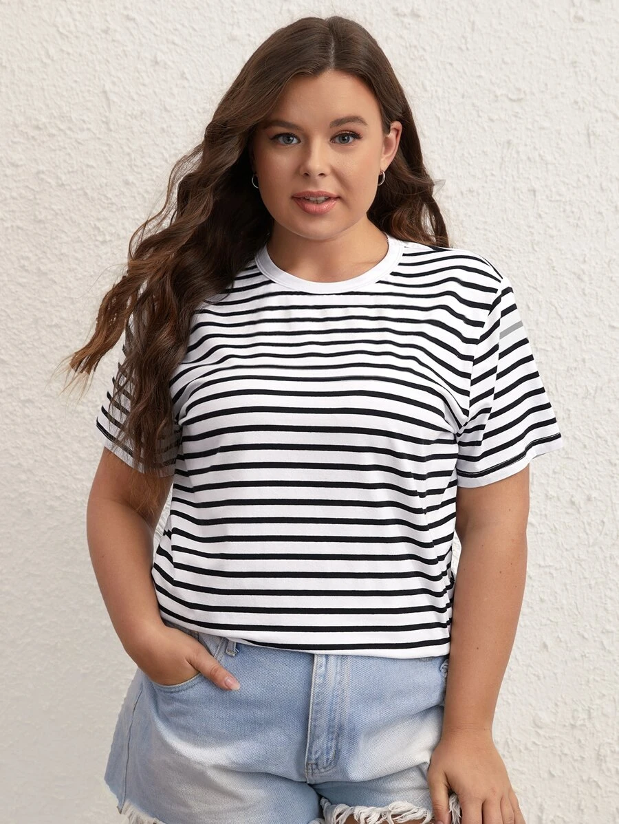 SHEIN BASICS Plus Striped Print Tee - Black and White - View 1