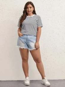 SHEIN BASICS Plus Striped Print Tee - Black and White - View 3