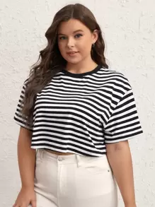SHEIN BASICS Plus Striped Print Drop Shoulder Crop Tee - Black - View 1