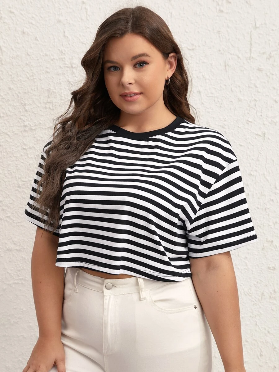 SHEIN BASICS Plus Striped Print Drop Shoulder Crop Tee - Black - View 1