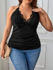SHEIN Privé Elegant Eenkleurig Grote maat: tanktop & cami top Zonder rug Contrast kant Ruches Tie Terug