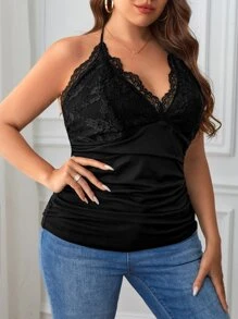 SHEIN Privé Elegant Eenkleurig Grote maat: tanktop & cami top Zonder rug Contrast kant Ruches Tie Terug