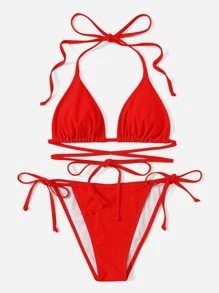 SHEIN Swim Conjunto de bikini para mujer de unicolor con escote halter y lazos, traje de baño sexy para vacaciones en la playa en verano