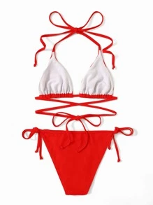SHEIN Swim Conjunto de bikini para mujer de unicolor con escote halter y lazos, traje de baño sexy para vacaciones en la playa en verano