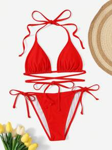 SHEIN Swim Conjunto de bikini para mujer de unicolor con escote halter y lazos, traje de baño sexy para vacaciones en la playa en verano