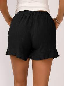 Solid Ruffle Hem Shorts - Black - View 2