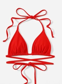 SHEIN Swim Conjunto de bikini para mujer de unicolor con escote halter y lazos, traje de baño sexy para vacaciones en la playa en verano