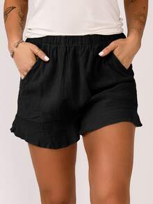 Solid Ruffle Hem Shorts - Black - View 5