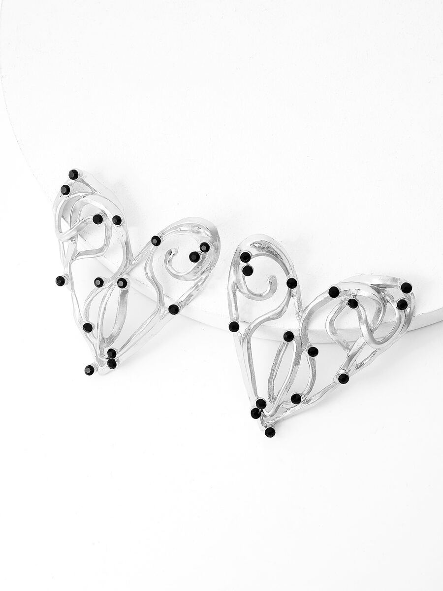 1pair Fashionable Bead Decor Heart Design Stud Earrings For Women For Daily Decoration - Silver - View 1