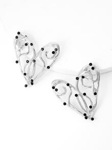 1pair Fashionable Bead Decor Heart Design Stud Earrings For Women For Daily Decoration - Silver - View 4