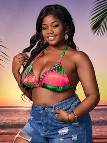 Plus Tropical Print Tie Backless Halter Bikini Top - Multicolor - View 4