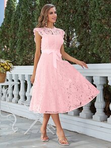Simplee Vestido con cinturón con encaje floral ribete con fruncido - Rosa - Ver 6