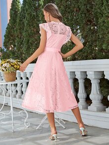 Simplee Vestido con cinturón con encaje floral ribete con fruncido - Rosa - Ver 2