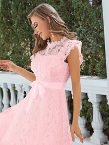 Simplee Vestido con cinturón con encaje floral ribete con fruncido - Rosa - Ver 4