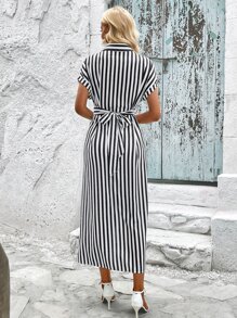 SHEIN Clasi 條紋印花前扭結蝙蝠袖襯衫連衣裙 - 藍白色 - 查看 3
