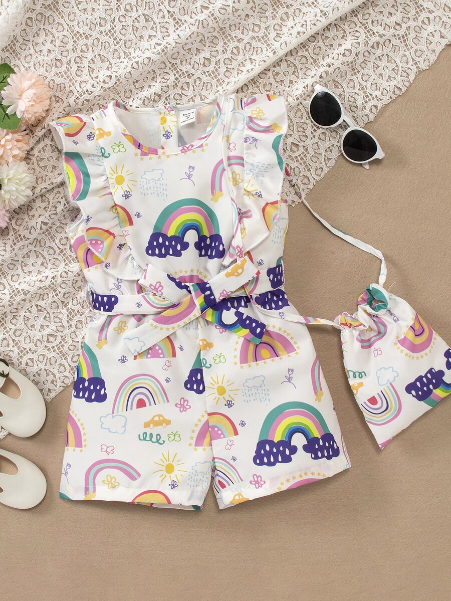 Toddler Girls Rainbow Print Ruffle Trim Belted Romper With Accessory Bag - White - View 1