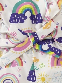 Toddler Girls Rainbow Print Ruffle Trim Belted Romper With Accessory Bag - White - View 5