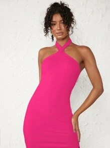 SHEIN BASICS Solid Split Thigh Halter Neck Backless Bodycon Dress - Hot Pink - View 5