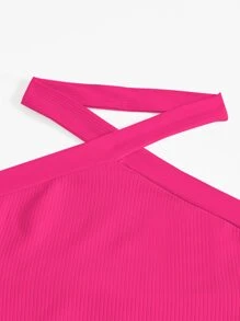 SHEIN BASICS Solid Split Thigh Halter Neck Backless Bodycon Dress - Hot Pink - View 8