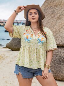 Rusttydustty 大碼印花繫帶領荷葉邊下擺襯衫 - 黃色 - 查看 5