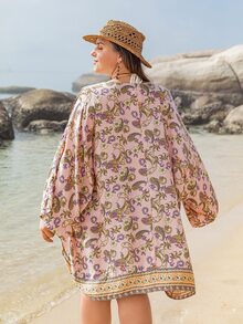 Rusttydustty Plus Paisley Print Kimono - Coral Pink - View 2