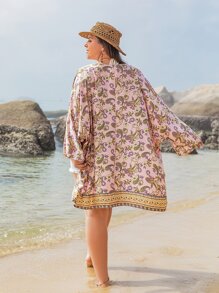 Rusttydustty Plus Paisley Print Kimono - Coral Pink - View 3