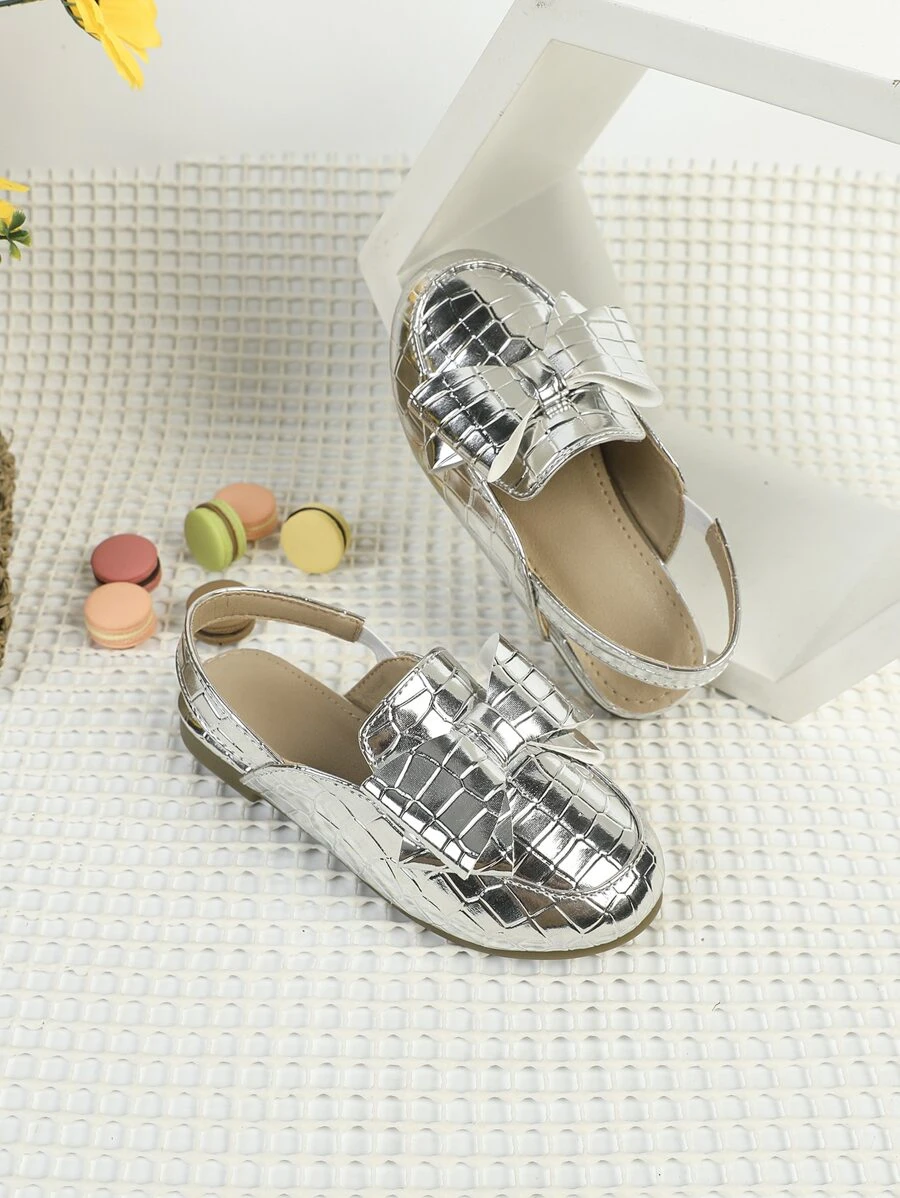 Glamorous Slingback Flats For Girls, Metallic Crocodile Embossed Bow Decor Flats - Silver - View 1