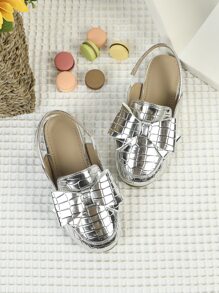 Glamorous Slingback Flats For Girls, Metallic Crocodile Embossed Bow Decor Flats - Silver - View 3