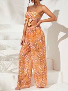Letni bikini plażowe z tropikalnym nadrukiem i wiązanym przodem oraz spodniami plażowymi - Pomarańczowy - Zobacz 3