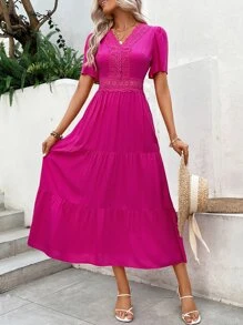 Breezaya Guipure Lace Insert Ruffle Hem Dress Maxi Vacation Beach Outfits Women - Hot Pink - View 4