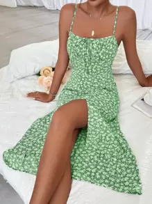 Breezaya 碎花高衩吊帶連衣裙 - 綠色 - 查看 4