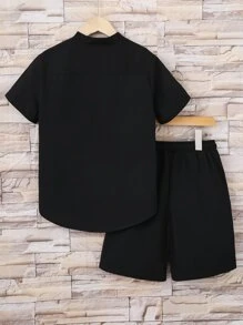 SHEIN 青少年男孩字母拼接細節半扣衫和束口腰短褲（不含項鍊） - 黑色 - 查看 2