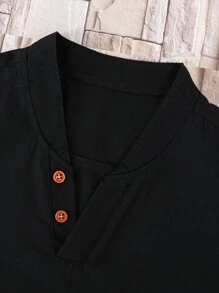 SHEIN 青少年男孩字母拼接細節半扣衫和束口腰短褲（不含項鍊） - 黑色 - 查看 3