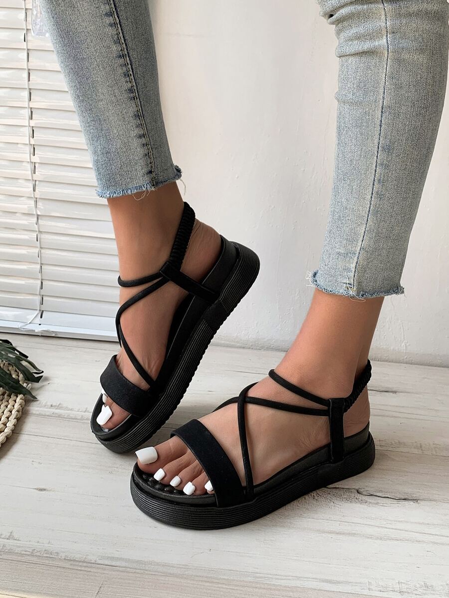 女性交叉優雅黑色踝帶厚底涼鞋適合夏天 - 黑色 - 查看 1