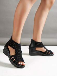 صنادل إسفين بديكور حجر الراين قص مجوف سستة خلفي براقة جلد سويدي الاصطناعي مصارع للصيف نساءرمضان