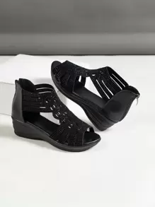 صنادل إسفين بديكور حجر الراين قص مجوف سستة خلفي براقة جلد سويدي الاصطناعي مصارع للصيف نساءرمضان