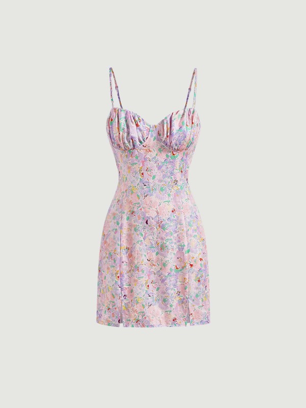 SHEIN MOD Cami Kleid mit All Over Print Rüschen, Schlitz am Saum,