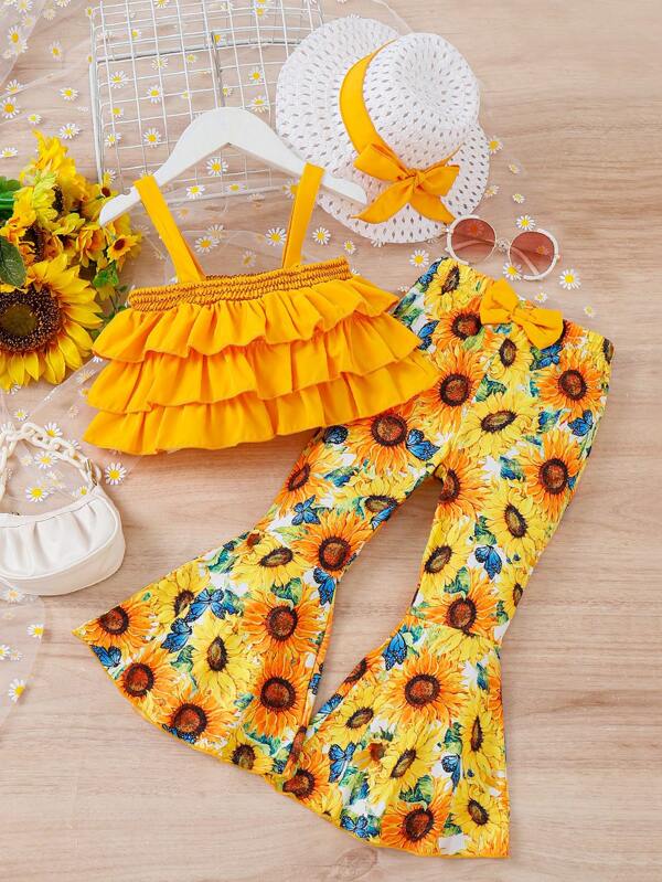 Trägerloses Oberteil Mit Rüschensaum Und Sonnenblumendruck Schlaghose Für Kleine Mädchen & Accessoire-hut