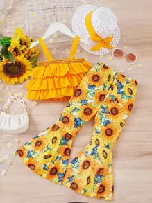 Toddler Girls Ruffle Trim Cami Top & Sunflower Print Flare Leg Trousers & Accessory Hat - Yellow - View 2