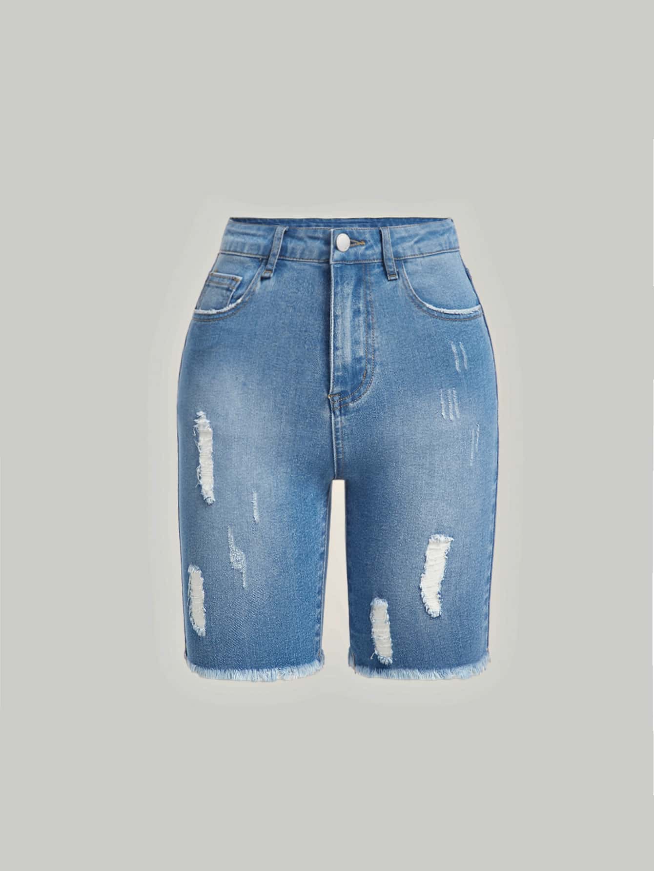 SHEIN Bé Gái Quần Shorts Denim Bị tách Dây kéo màu trơn - Rửa nhẹ - Xem 1