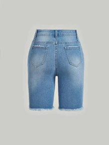 SHEIN Bé Gái Quần Shorts Denim Bị tách Dây kéo màu trơn - Rửa nhẹ - Xem 2
