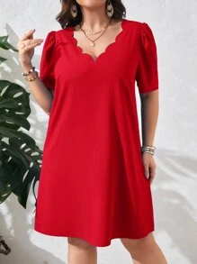 SHEIN Clasi Vestido ribete en abanico de manga farol - Rojo - Ver 1