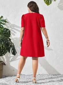 SHEIN Clasi Vestido ribete en abanico de manga farol - Rojo - Ver 2