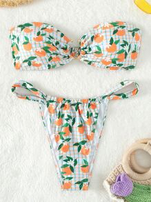 Swim Mod 橘色印花束腰丁字褲款夏季沙灘比基尼套裝 - 彩色 - 查看 6