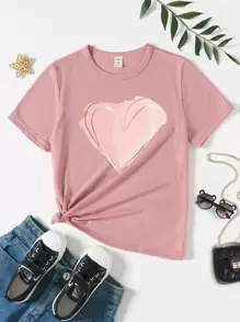 Tween Girl 1pc Heart Print Tee Without Shorts - Dusty Pink - View 1