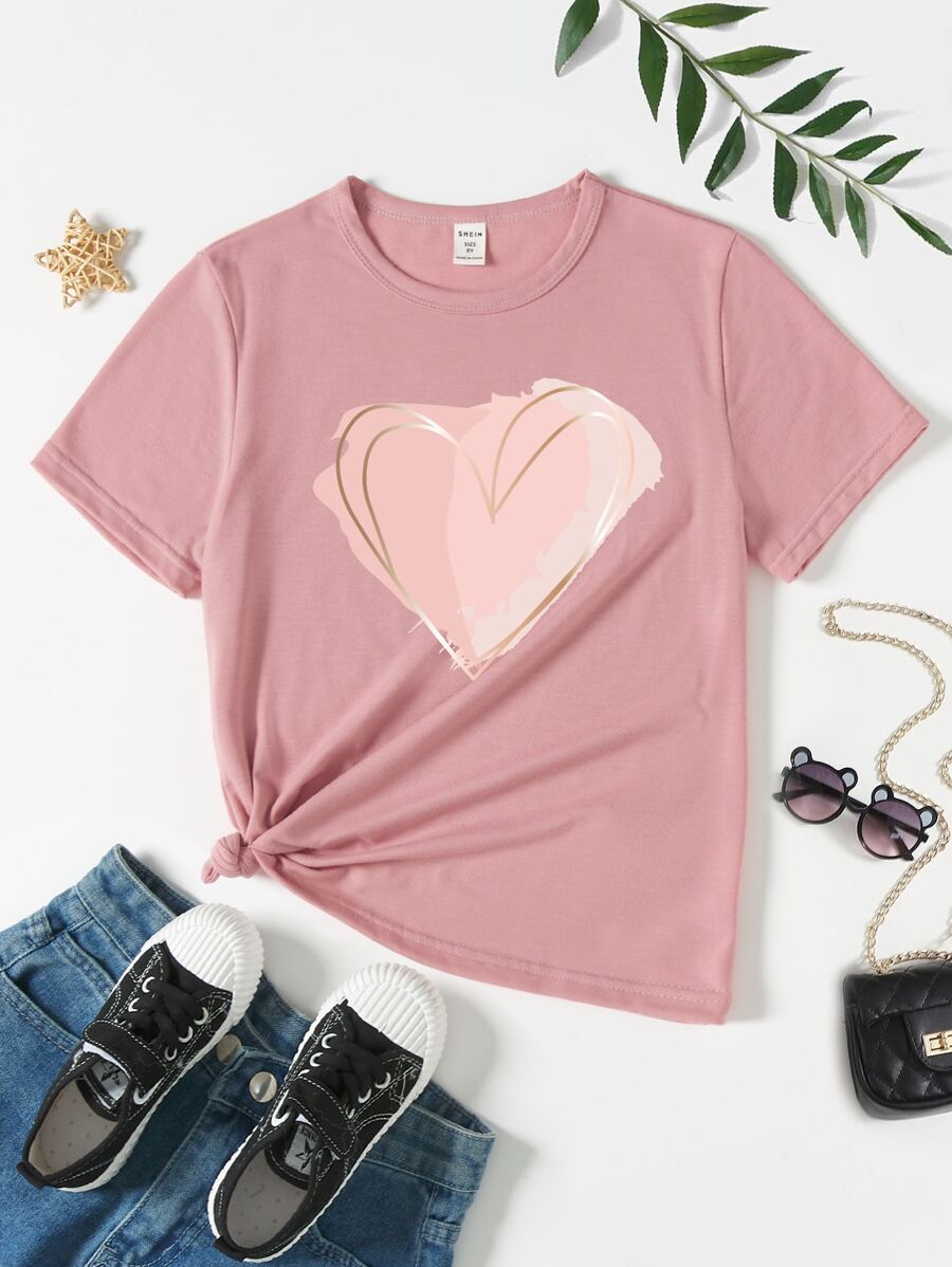 Tween Girl 1pc Heart Print Tee Without Shorts - Dusty Pink - View 1