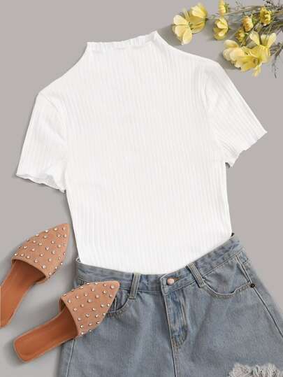 Ribbed Lettuce-Edge Mock Neck Tee